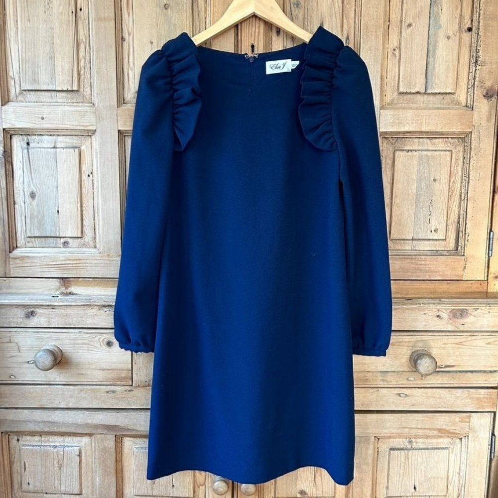 Eliza J‎ 4 Navy Blue Long Sleeve Ruffle Shoulder Dress